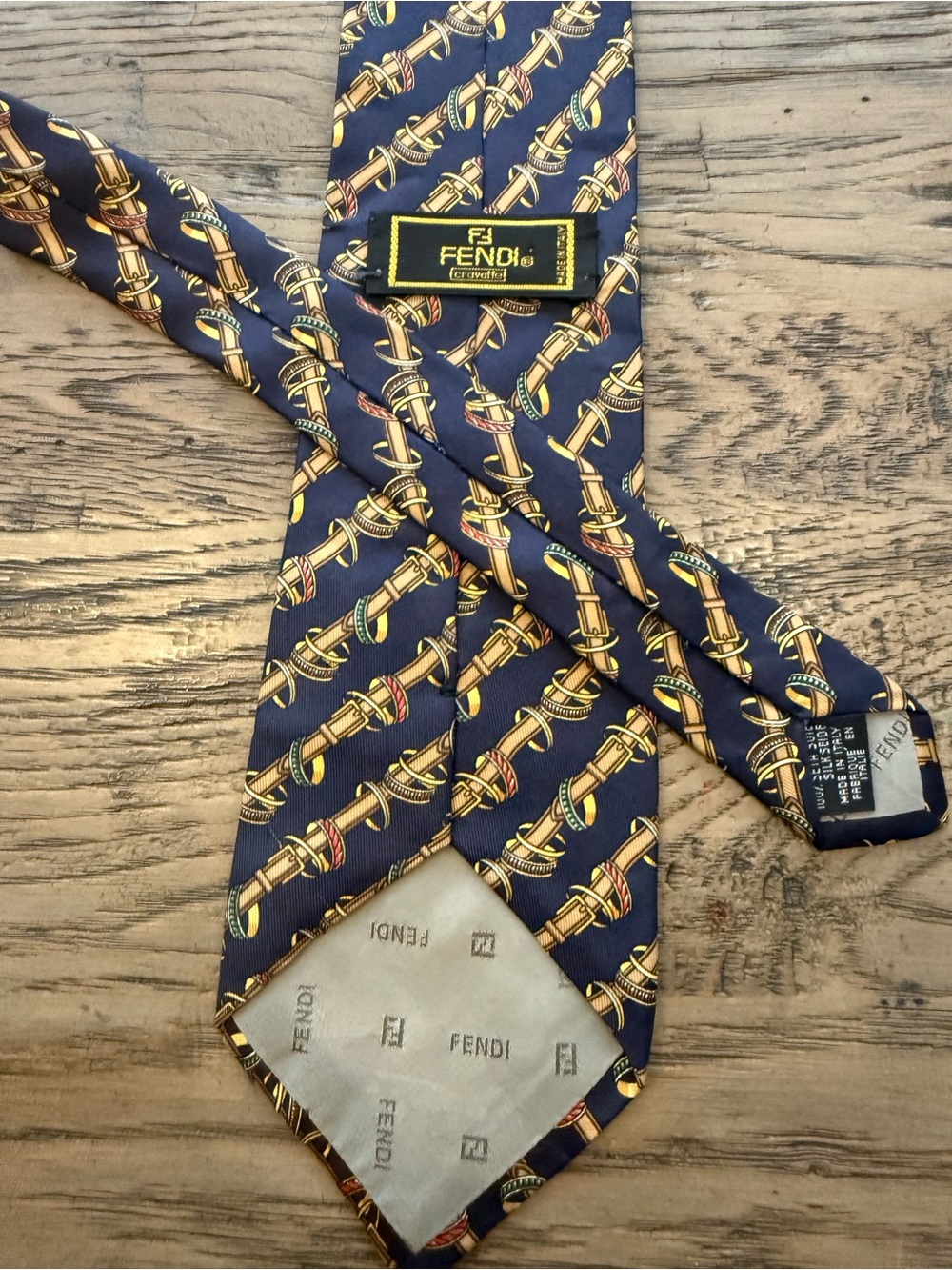 Fendi Navy Silk Tie with Gold Buckle Pattern